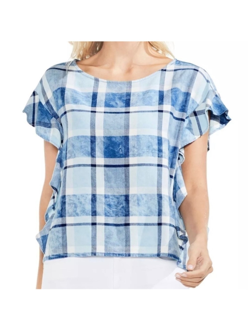 VINCE Camuto plaid cotton blend top blouse Sz S